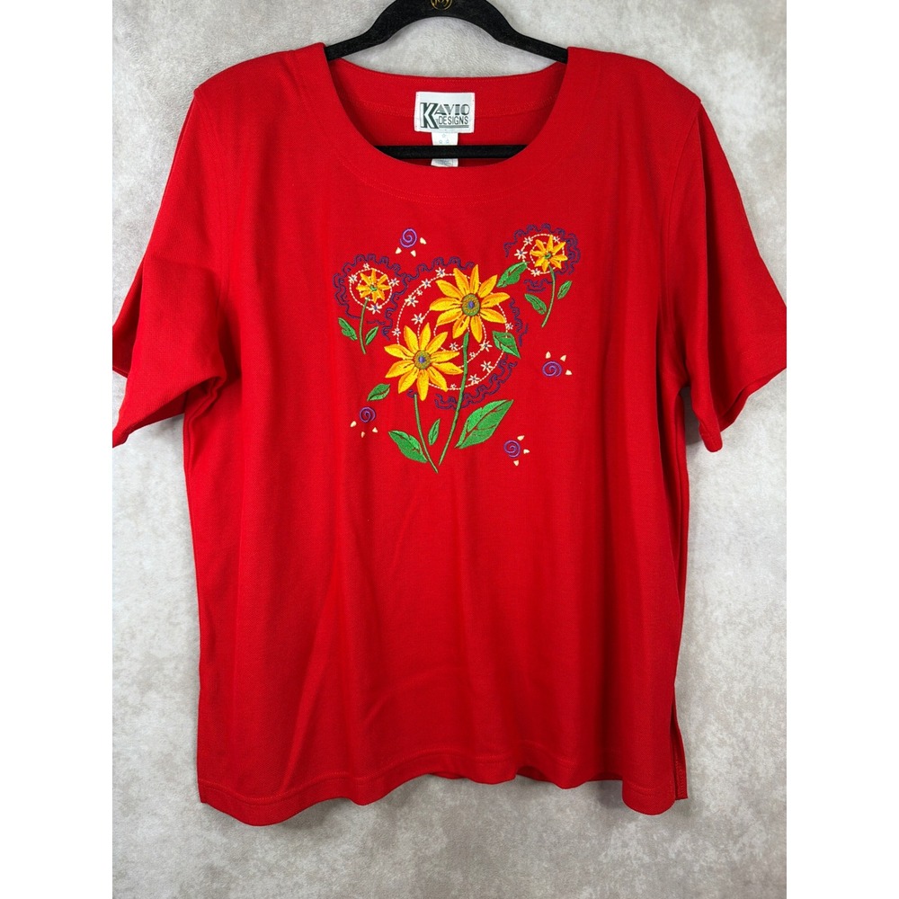 NWT VTG Kavio Designs Knit Top Women 1X Red Embroidered Floral Short Sleeve